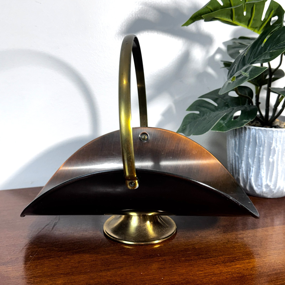 Vintage Mid Century Metal Magazine Rack Brass Handle Black Gold Tone MCM